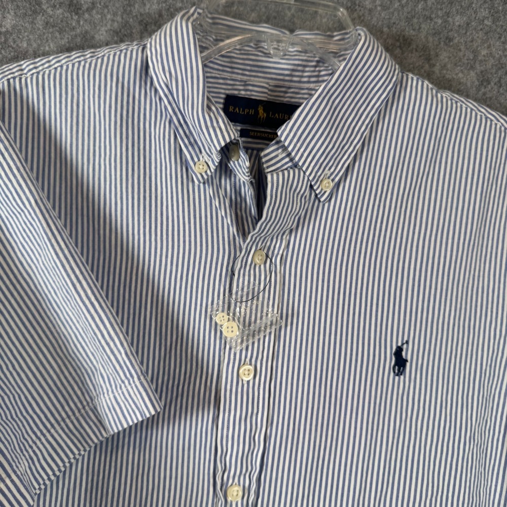 Polo Ralph Lauren Seersucker Button Down Shirt Mens Large Navy Flag SS Preppy